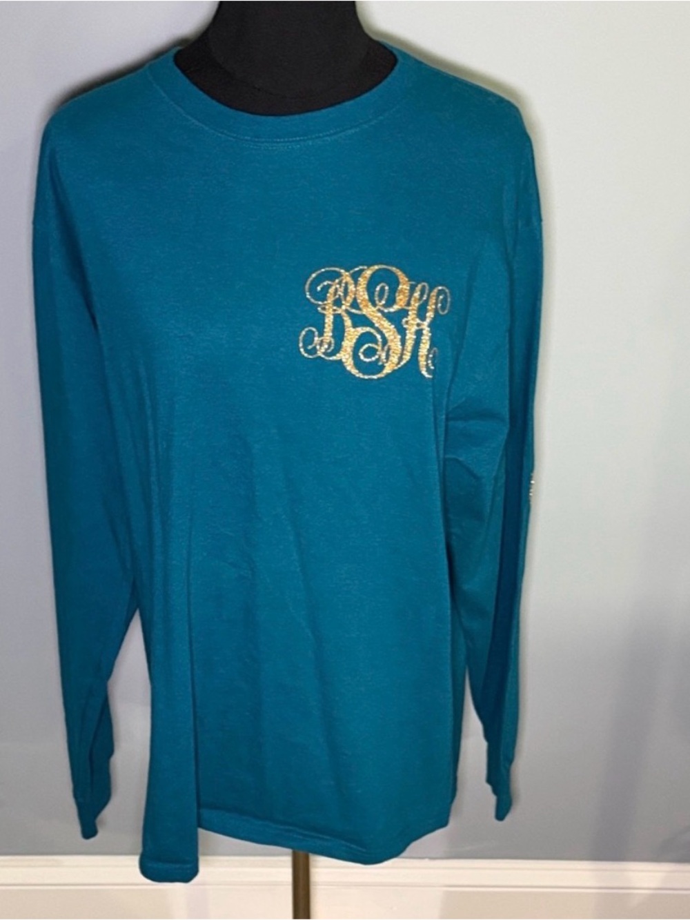 Fruit of the Loom Teal Long Sleeve Shirt with Gold Monogram